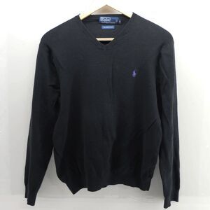 Polo Ralph Lauren Black V Neck Sweater Mens M 100% Pima Cotton Logo Lightweight